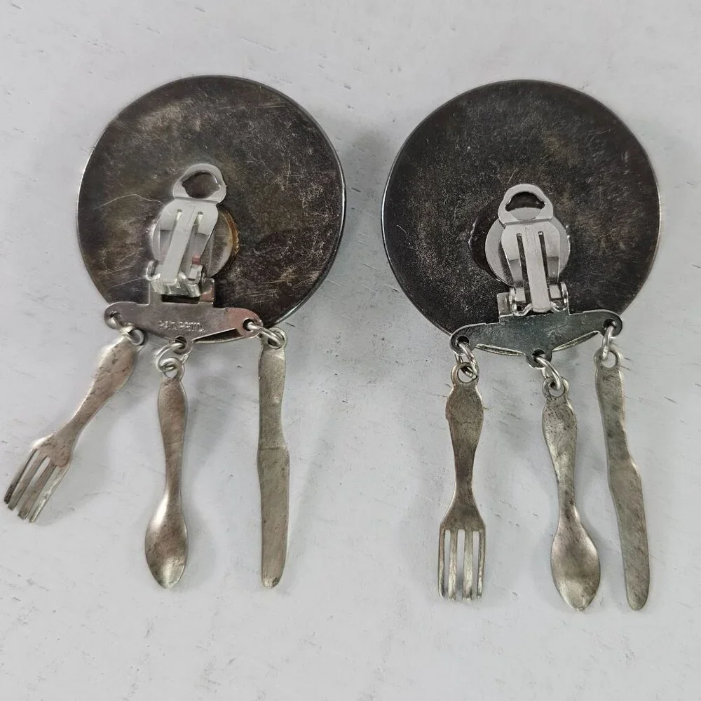 Vintage Clip On Earrings With Dangling Utensils Fork Spoo Knife Charms - Picture 8 of 8
